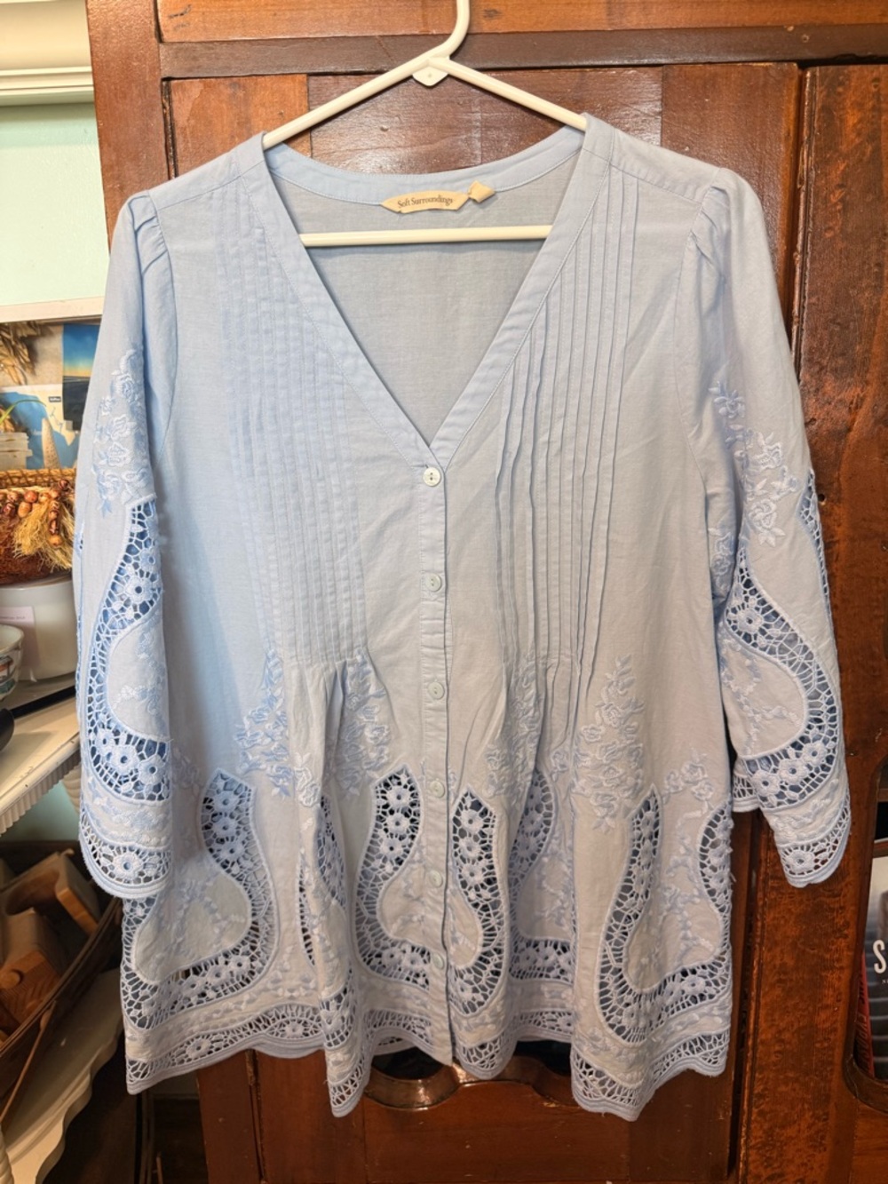 Soft Surroundings Womens Peasant Top Crochet Lace Detail Cotton Boho Cottage S